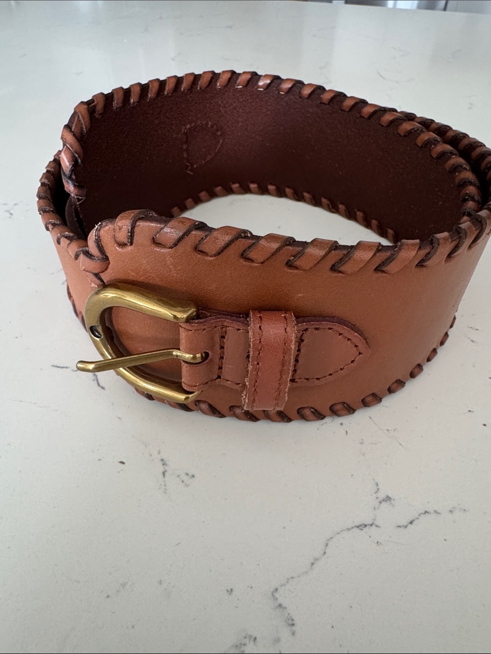 Banana Republic whipsticth Tan Leather Wide Belt with Brass Buckle medium